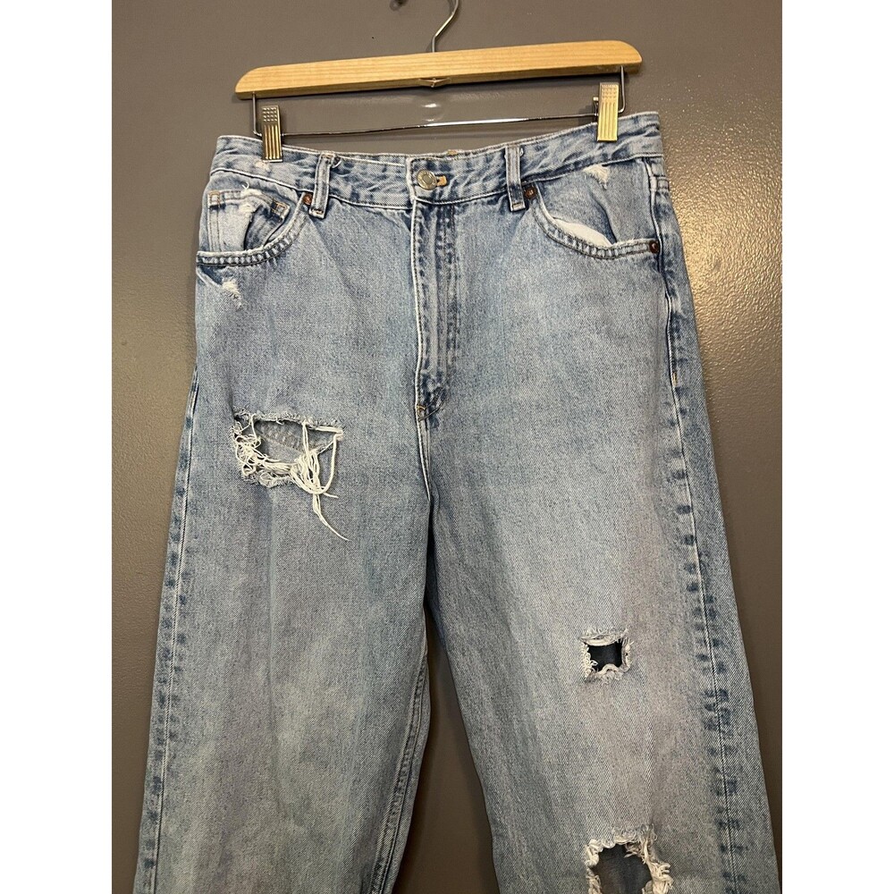 Zara Jeans Womens 8 Blue High Rise Straight Leg Distressed Ripped Denim Raw Hem
